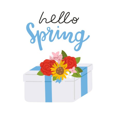 Photo for Vector illustration of hello spring print with cute doodle gift box and flowers - Royalty Free Image
