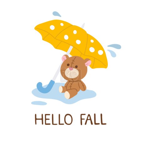 Photo for Vector illustration of autumn print with cute doodle teddy bear under dotted umbrella - Royalty Free Image