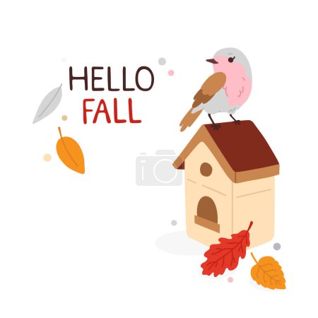 Photo for Vector illustration of autumn print with cute doodle bird on birdhouse and colored leaves - Royalty Free Image