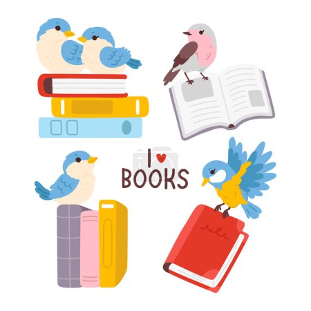 Eine Vektor-Cartoon-Sammlung von Büchern und Vögeln mit den Worten, die ich liebe Bücher darüber.