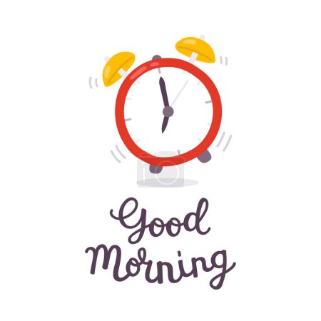 Ilustración de Un vector de dibujos animados reloj despertador rojo con las palabras buenos días - Imagen libre de derechos