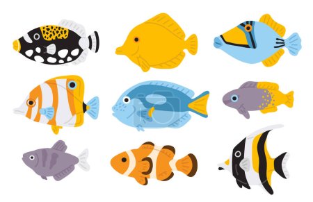 Téléchargez les illustrations : Ensemble d'illustrations vectorielles de poissons gribouillis mignons pour timbre numérique, carte de vœux, autocollant, icône, design estival - en licence libre de droit