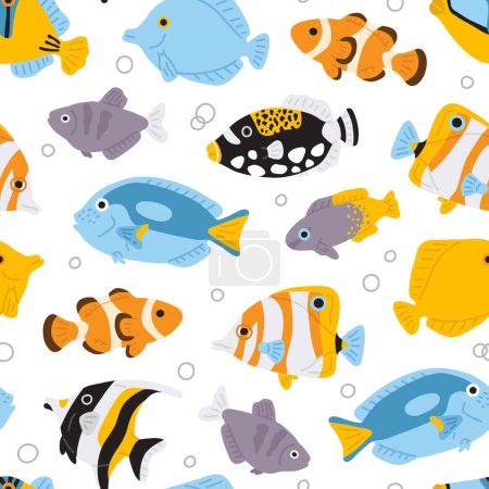Téléchargez les illustrations : Modèle de fond sans couture vectoriel avec des poissons exotiques pour la conception de motif de surface - en licence libre de droit