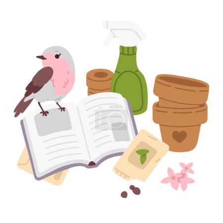 Photo for Vector illustration of cute cartoon bird on a book with flower pots,seeds - Royalty Free Image