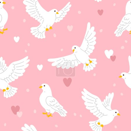 Foto de Patrón de fondo sin costura vectorial con palomas blancas y corazones para el diseño de patrones de superficie - Imagen libre de derechos
