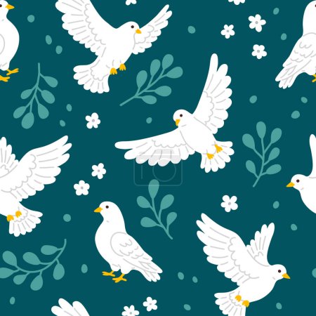 Foto de Patrón de fondo sin costura vectorial con palomas blancas y flores para el diseño del patrón de superficie - Imagen libre de derechos