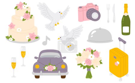 Foto de Conjunto de ilustración vectorial de objetos de boda doodle lindo para sello digital, tarjeta de felicitación, pegatina, icono, diseño - Imagen libre de derechos