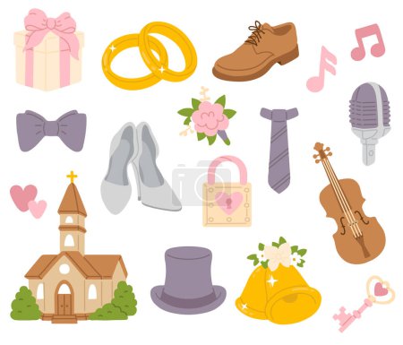 Foto de Conjunto de ilustración vectorial de objetos de boda doodle lindo para sello digital, tarjeta de felicitación, pegatina, icono, diseño - Imagen libre de derechos