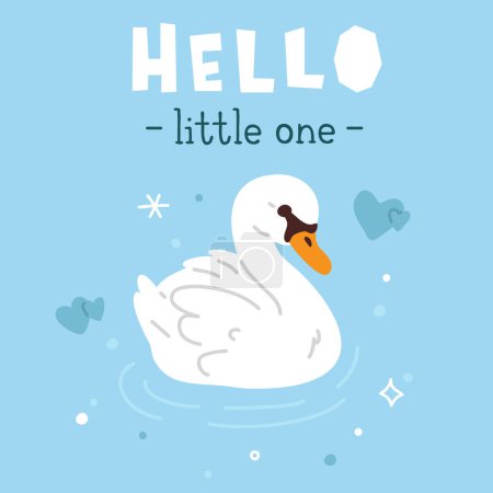 Photo for A blue vector background with the word hello little one on it and cartoon baby swan - Royalty Free Image