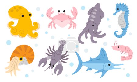 Photo for Vector illustration set of cute doodle underwater animal for digital stamp,greeting card,sticker,icon,summer design - Royalty Free Image