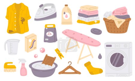 Vektor Illustration Set von niedlichen Kritzelwäsche-Objekten für digitale Stempel, Grußkarte, Aufkleber, Symbol, Design