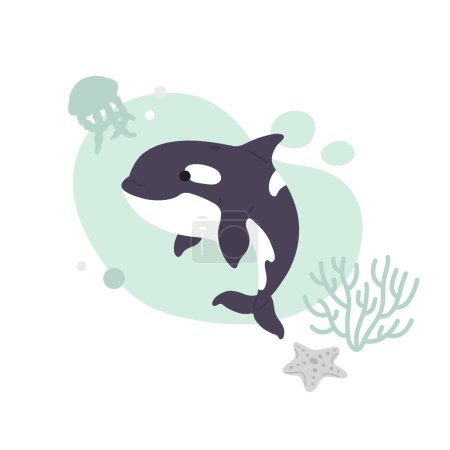 Vector illustration cute doodle orca  whale print for digital stamp,greeting card,sticker,icon, design