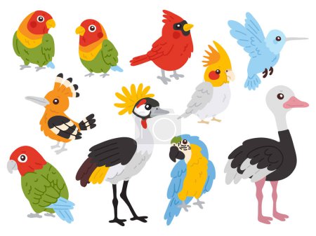 Ilustración de Conjunto de ilustración vectorial de lindas aves tropicales para sello digital, tarjeta de felicitación, pegatina, icono, diseño - Imagen libre de derechos