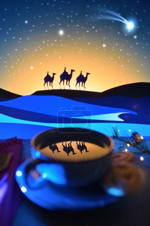 Photo for Abstract Nativity Of Jesus. Reflexion of Three Wise Men in Cup of Tea - Royalty Free Image