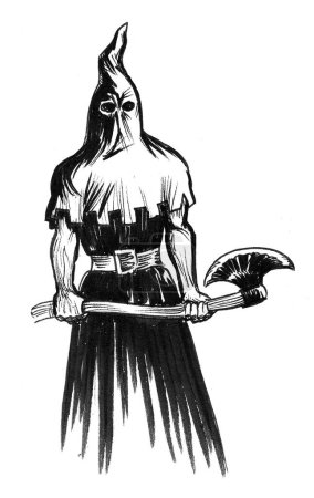 Executioner with axe. Ink black and white drawing