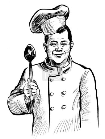 Photo for Happy restaurant chef with a spoon. Ink black and white drawing - Royalty Free Image