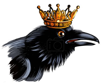 Téléchargez les photos : Corbeau noir en couronne dorée. Encre dessinée à la main sur papier et colorée à la main sur tablette - en image libre de droit