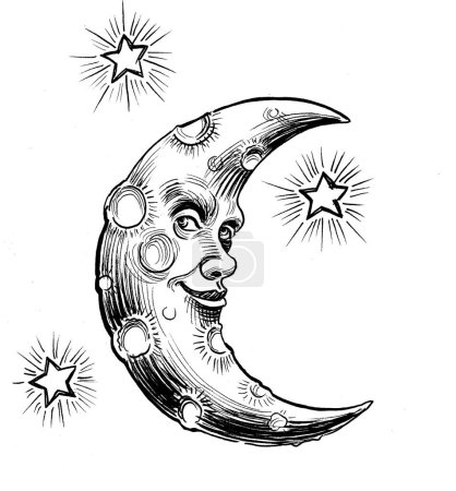 Crescent moon face and stars. Hand drawn in on paper retro styled drawing