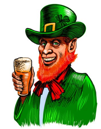 Irish leprechaun drinking a glass of beer. Hand-drawn ink on paper and hand colored on tablet