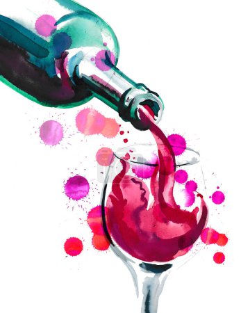 Botella de vino tinto y copa. Pintura acuarela dibujada a mano