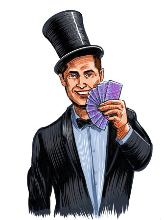 Photo for Illusionist with playing cards. Hand-drawn ink on paper and hand-colored on tablet - Royalty Free Image