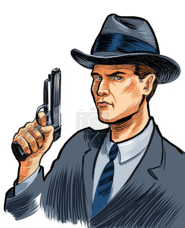 Foto de Gángster americano con traje vintage y sombrero sosteniendo una pistola. Tinta dibujada a mano sobre papel y coloreada a mano sobre tableta - Imagen libre de derechos