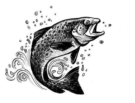 Photo for Jumping salmon fish. Hand-drawn ink black and white illustration - Royalty Free Image