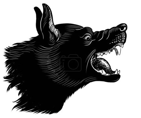 Angry black dog. Hand-drawn black and white illustration