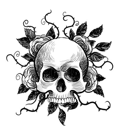 Menschlicher Schädel und Rosen. Handgezeichnete Schwarz-Weiß-Illustration