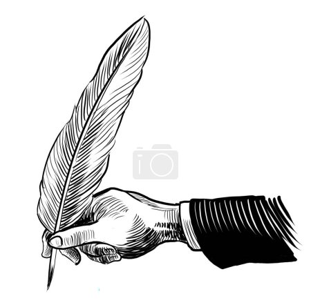 Photo for Hand with quill pen. Hand-drawn black and white illustration - Royalty Free Image