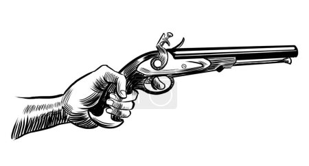 Hand with dule pistol. Hand-drawn retro styled black and white illustration