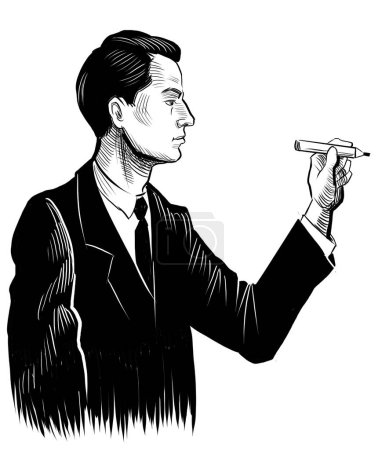 Man in suit writing with marker pen. Hand-drawn retro styled black and white illustration