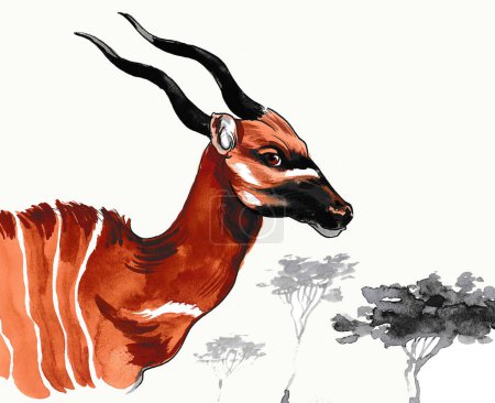 African antelope. Hand drawn ink and watercolor illustration