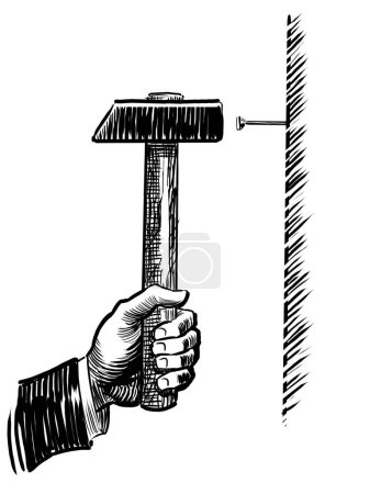 Hand with hammer hitting a nail. Hand drawn retro styled black and white illustration
