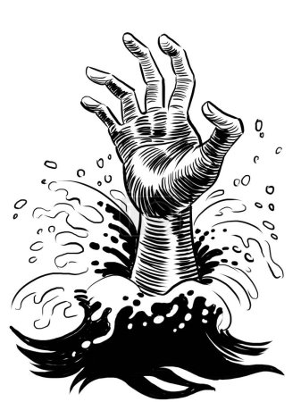 Ertrinkende Hand. Handgezeichnete Schwarz-Weiß-Illustration im Retro-Stil