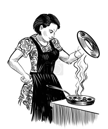 Cocina de amas de casa. Ilustración en blanco y negro dibujada a mano