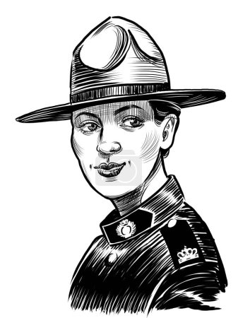 Royal Canadian Mounted Police Officer. Hand drawn retro styled black and white illustration