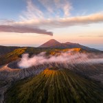 Aerial view Mount Bromo active volcano at sunrise, East Java, Indonesia