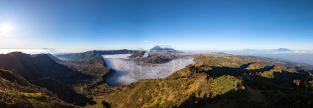 Panorama of Bromo volcano at sunrise,Tengger Semeru national park, East Java, Indonesia,aerial view from drone