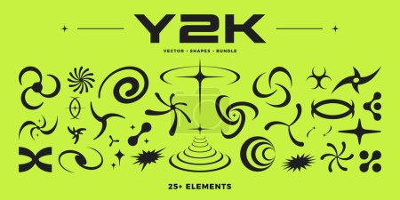 Y2K style set. Y2K retro futuristic elements for posters, flyers, banners, clothes, social media, graphic design. 2000s vector abstract shapes, symbols, frames and objects. Y2K aesthetics.