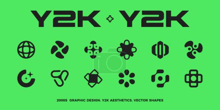 Y2K style set. Trendy retro futuristic geometric forms. 2000s vector shapes. Y2K elements for posters, flyers, banners, social media. 00s aesthetics. Y2K graphic design.