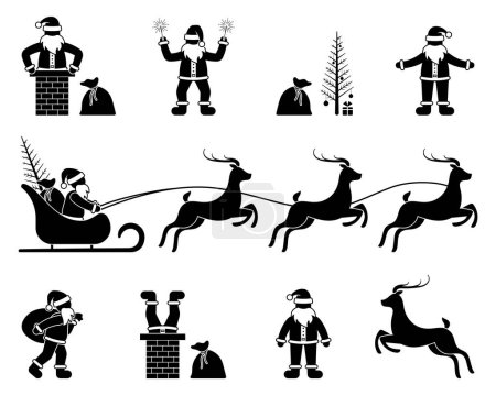 Strichmännchen-Ikone Weihnachtsmann im Schlitten mit Rentiergeschenktüte, Schornstein, wandelnde Vektorillustration. Weihnachtsferien-Piktogramm