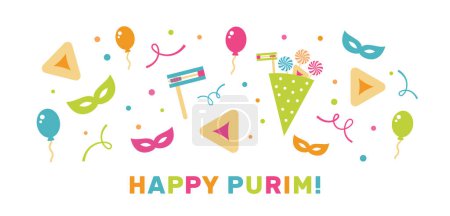 Feliz Purim - una fiesta judía. Fondo colorido con globos, máscaras y confeti. Ilustración vectorial.