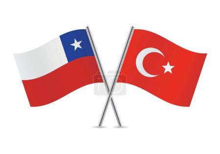 Illustration for Chile and Turkey crossed flags. Chilean and Turkish flags on white background. Vector icon set. Vector illustration. - Royalty Free Image