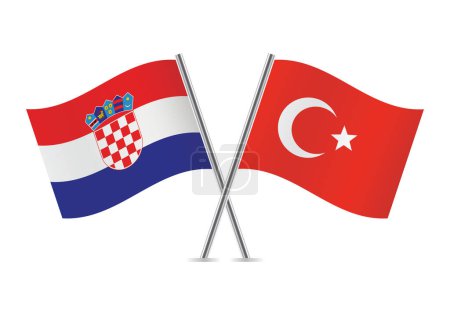 Croacia y Turquía cruzaron banderas. Banderas croatas y turcas sobre fondo blanco. Conjunto de iconos vectoriales. Ilustración vectorial.