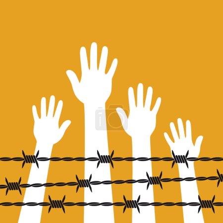 Illustration for Human hands up behind barbed wire. Vector illustration. - Royalty Free Image