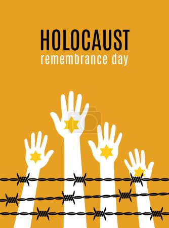 Holocaust-Gedenktag. Menschliche Hände mit einem gelben Davidstern hinter Stacheldraht. Vektorillustration.