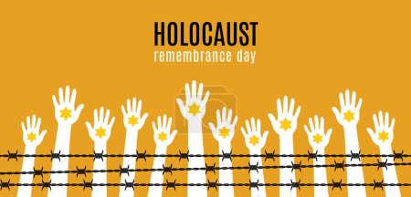 Téléchargez les illustrations : Jour du Souvenir de l'Holocauste. Des mains humaines avec une étoile jaune de David derrière des barbelés. Illustration vectorielle. - en licence libre de droit