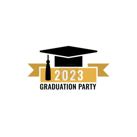 Illustration for Graduation party logo design. Class of 2023 with graduation cap and ribbon. Graduation symbols. Vector illustration. - Royalty Free Image
