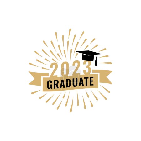 Graduation party logo design. Class of 2023 with graduation cap and ribbon. Graduation symbols. Vector illustration. 